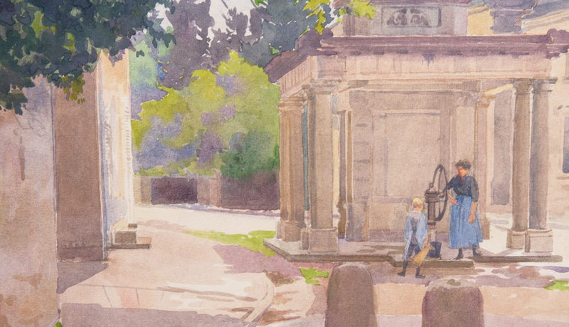 Paul Gregoire Watercolor of Adult and Child Collecting Water