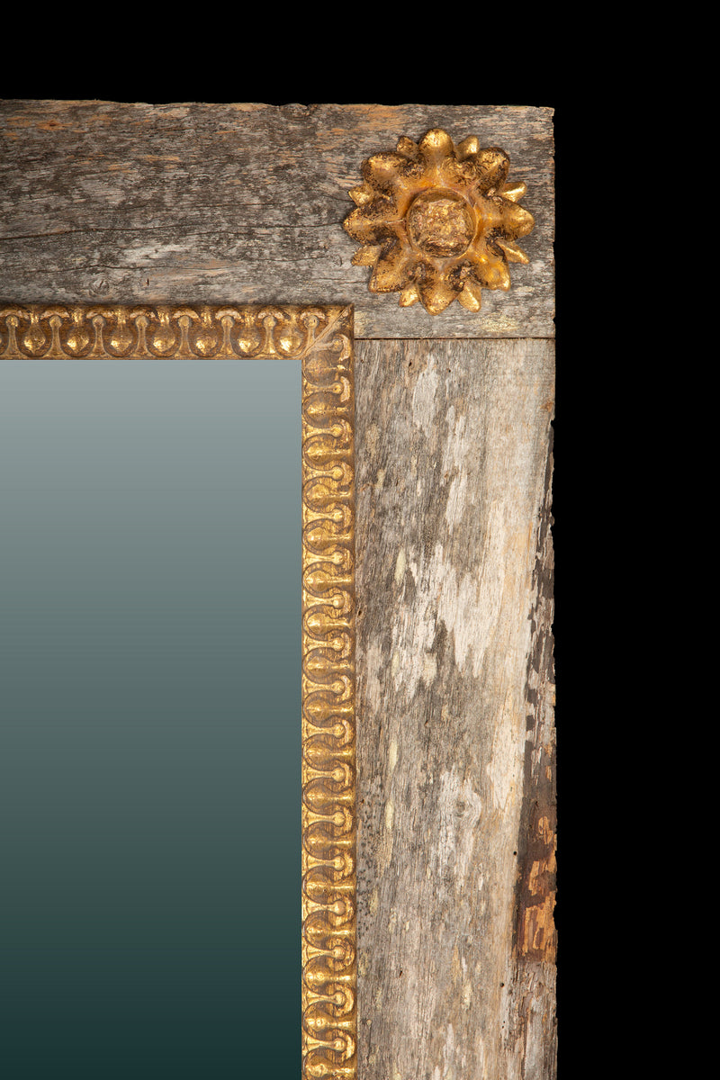 Elegant French Mirror with Rustic Wood Frame and Gilded Accents- Contemporary