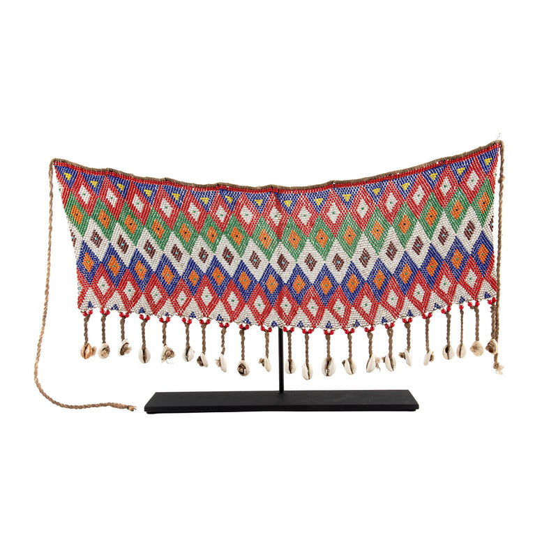Rhythms of Color: Mounted Beaded Belt with Geometric Motifs and Cowrie Shells