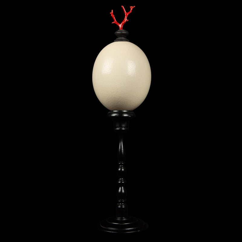 Mounted Ostrich Egg, Tall with Coral Finial, 18.5" H