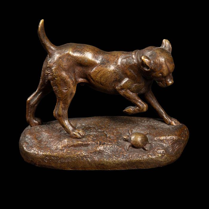 Late 19th Century Bronze Sculpture: Dog and Turtle Play by Clovis Edmond Masson