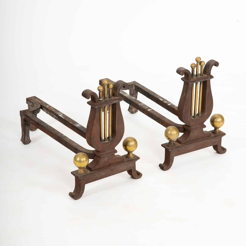 Music at the Hearth: Pair of 19th C Lyre Andirons