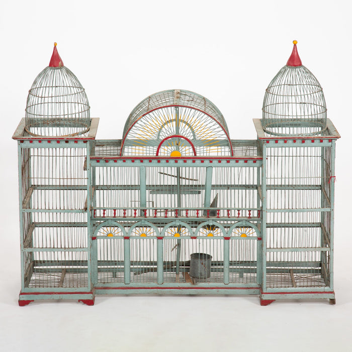 The Bird Palace: Late 19th Century Bird Cage Painted Grey with Red Accents