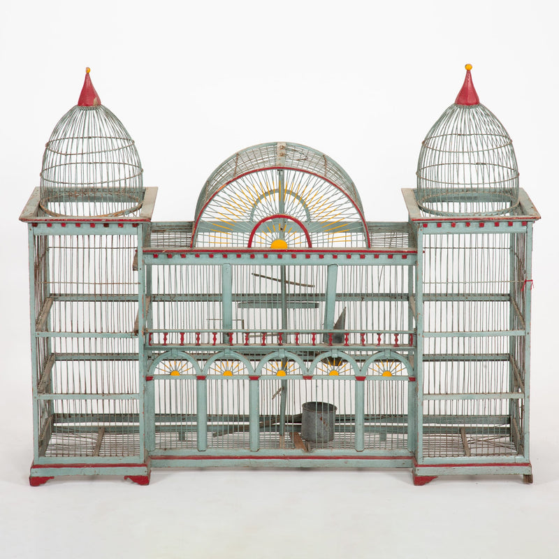 The Bird Palace: Late 19th Century Bird Cage Painted Grey with Red Accents