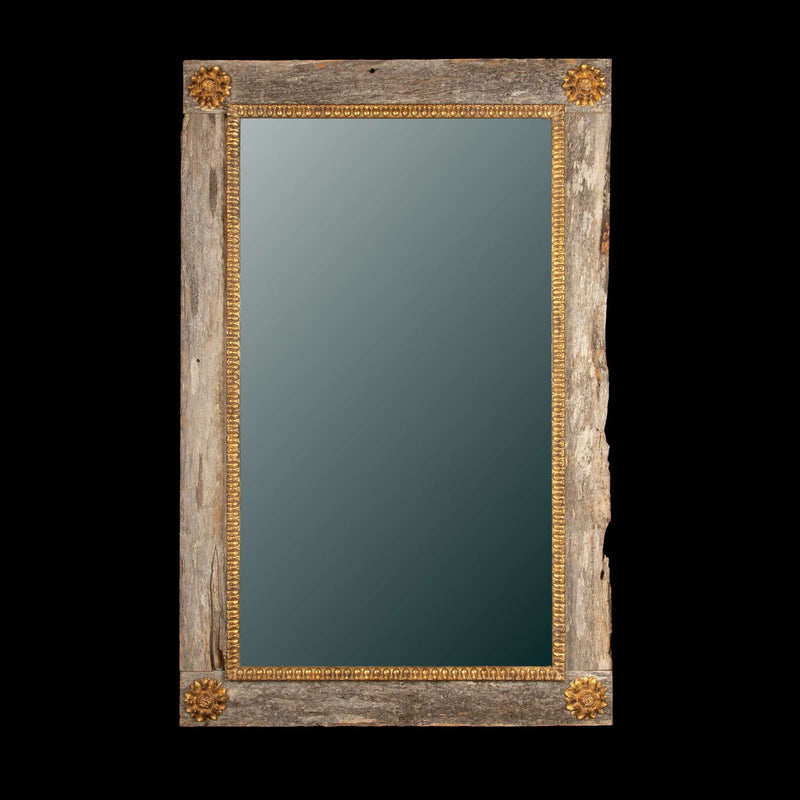 Elegant French Mirror with Rustic Wood Frame and Gilded Accents- Contemporary