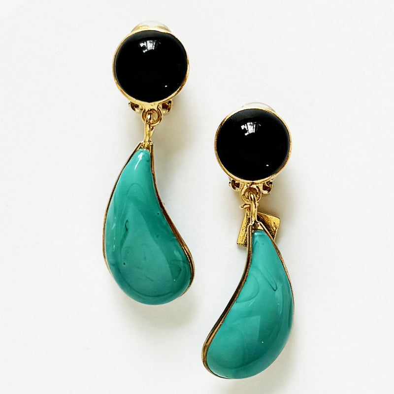 Loulou De La Falaise Bi-Color Teardrop Clip Earrings, Ink / Turquoise