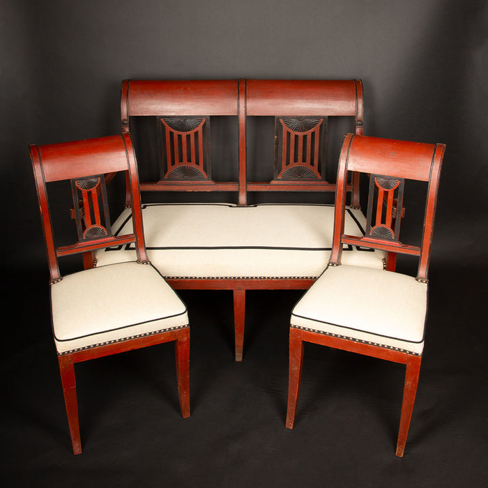 Directoire Period Oxblood Salon Suite w/ Saber Legs and Scrolled Backs, Late 18C