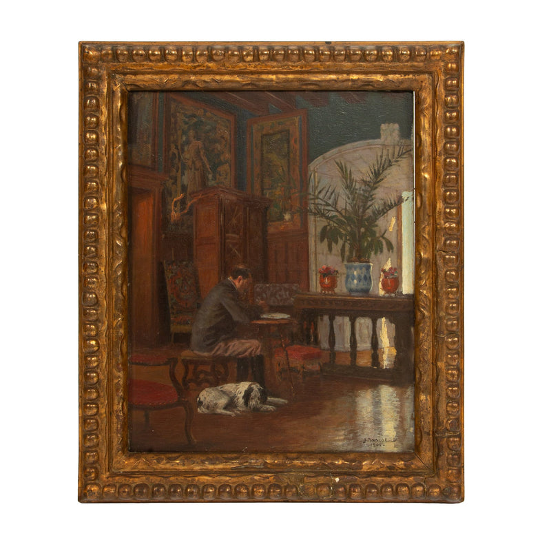 At Work: 1905 Painting of a Writer and His Dog in a Chic Salon, Signed J. Barcal