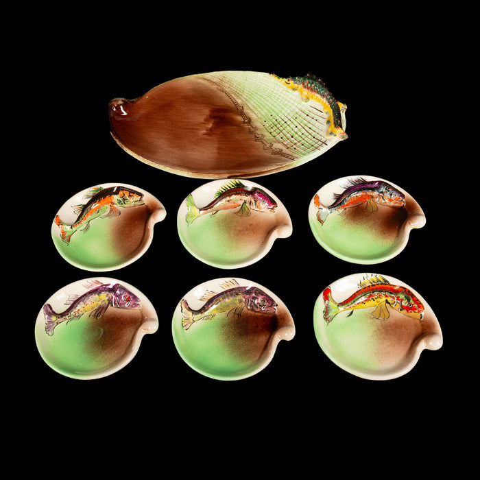 French Mid-Century Hand-Painted Fish Plate Set with Platter, Signed Vallauris