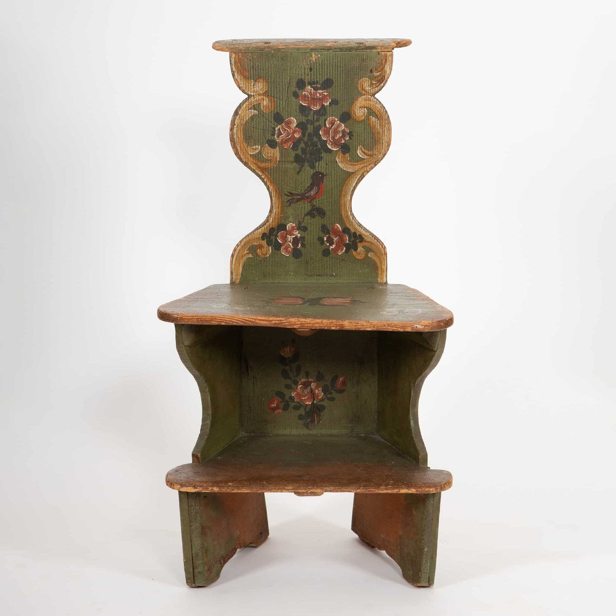 Painted Folk Art Chair-Ladder with Bird Motif, Dated 1830