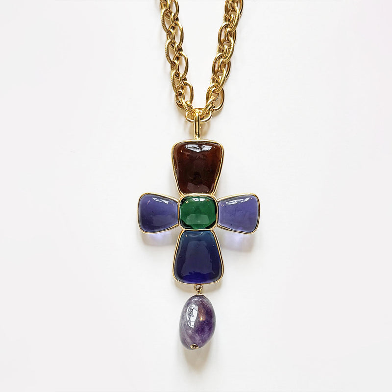 Loulou De La Falaise Trapeze Cross Pendant, Blue