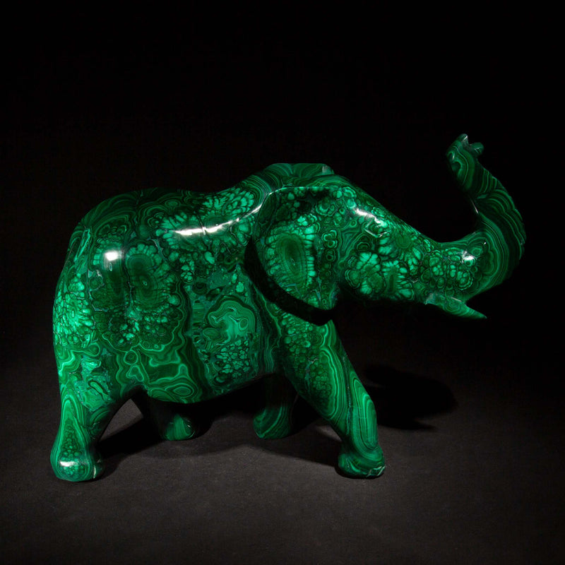 Large Carved Malachite Elephant, 12"