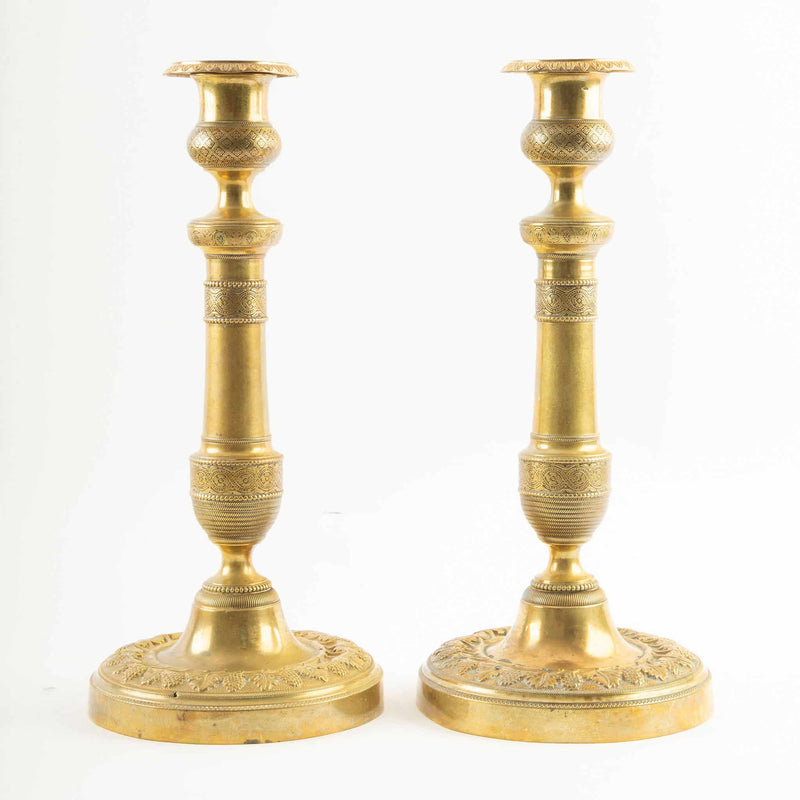 Pair of 19th-C French Gilt Bronze Candlesticks w/ Grape and Vine Decoration