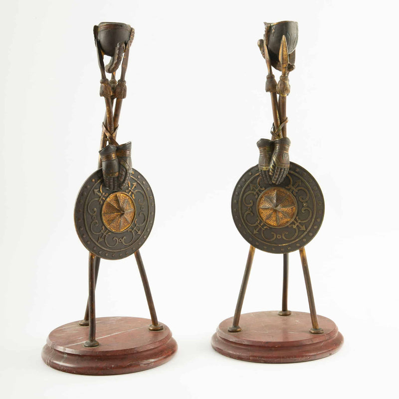 Pair of 19th-C French Bronze Tripod Candlesticks- Martial Motifs on Marble Bases