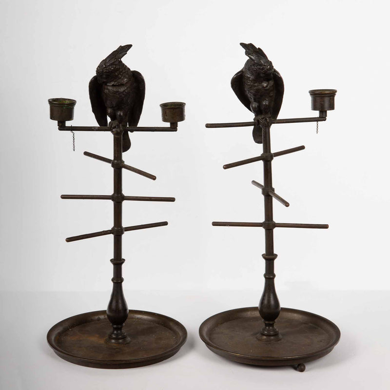 Whimsical 19th Century Parakeet Perch Inkwell Candlesticks: Ink 'n' Perch Delight!