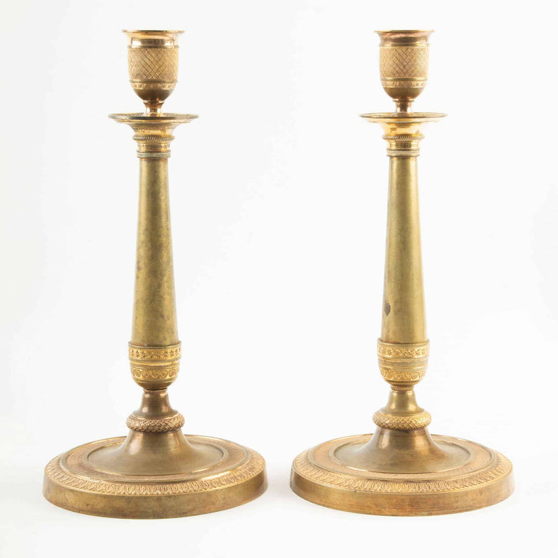 Pair of French Empire Period Gilt Bronze Candlesticks with Guilloché Decoration