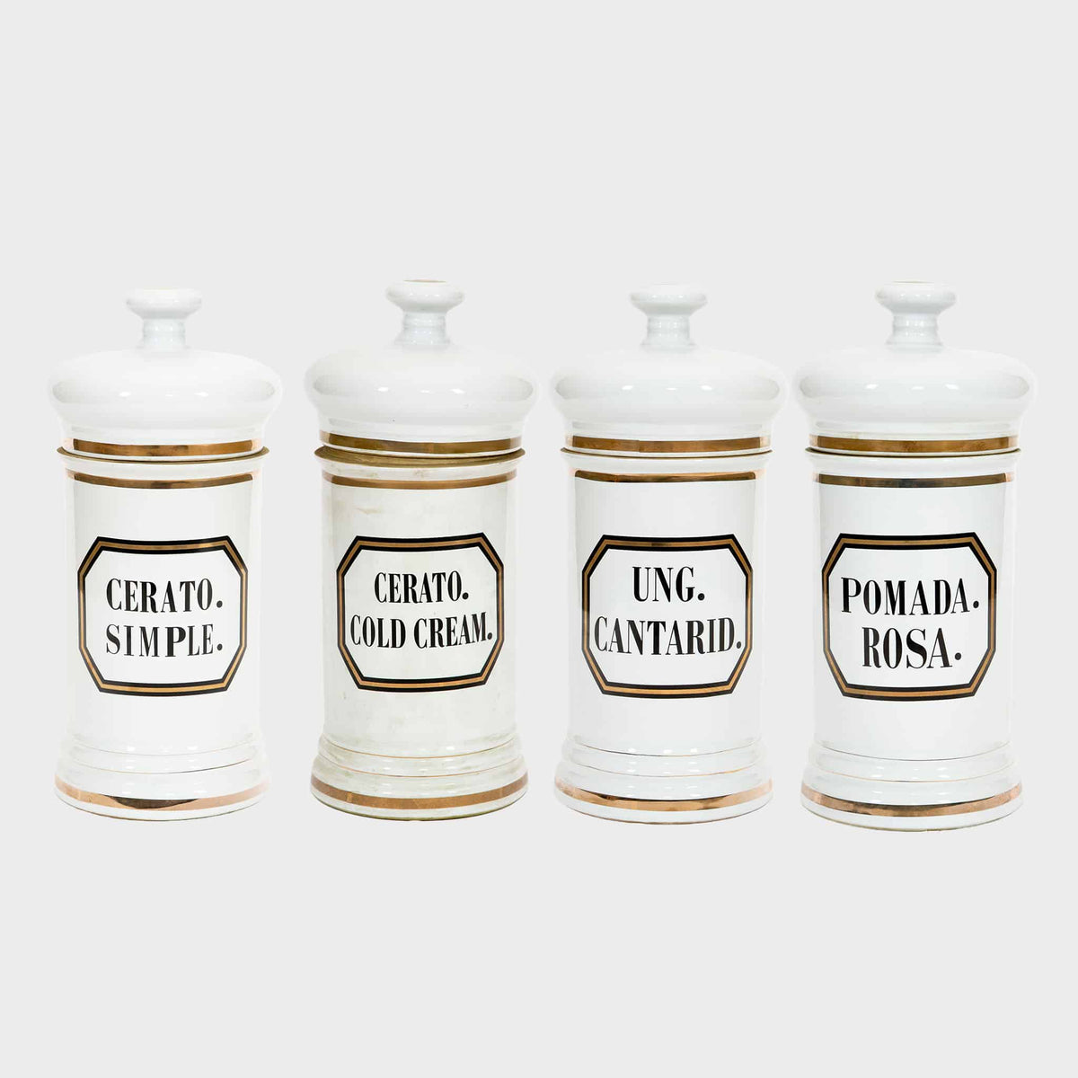 Set of Four Large 19th-Century Apothecary Jars, 18.5″ High, with Original Lids