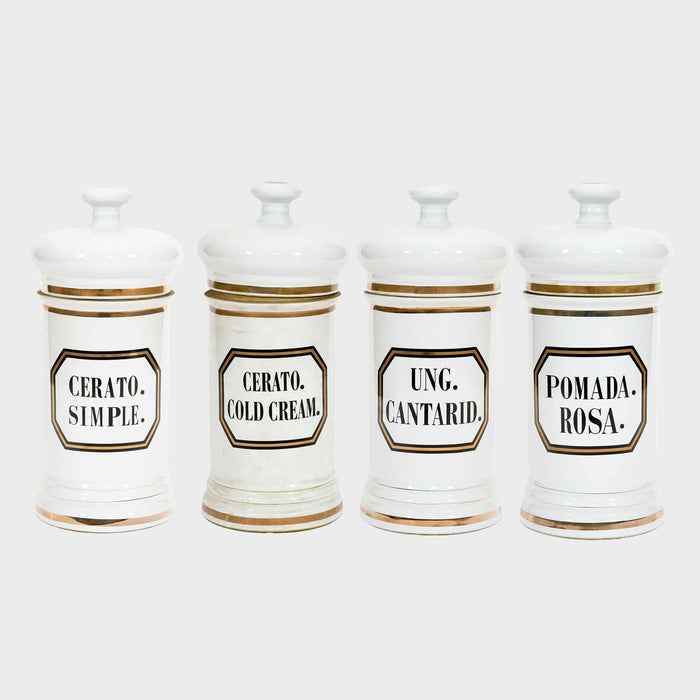 Set of Four Large 19th-Century Apothecary Jars, 18.5″ High, with Original Lids
