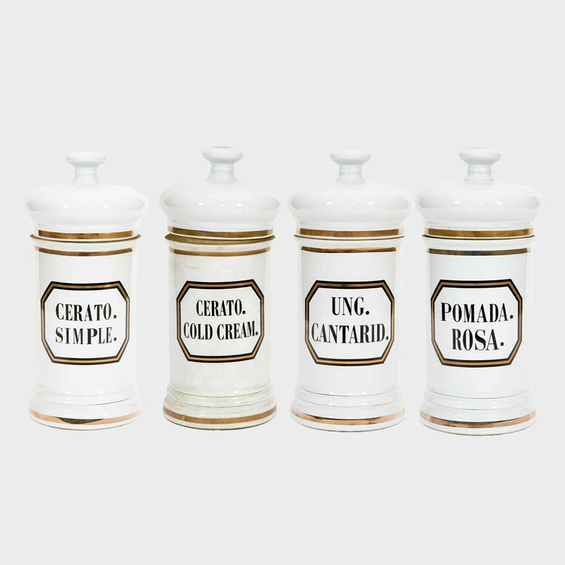 Set of Four Large 19th-Century Apothecary Jars, 18.5″ High, with Original Lids