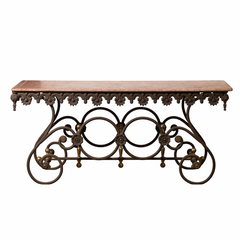Exceptional Large 19th-Century French Butcher Table with Rose Marble Top
