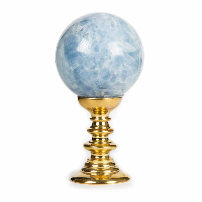 Blue Calcite Sphere Mounted on Brass Base