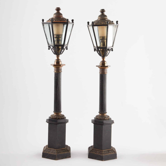 Pair of 19th Century Parisian Bronze Lamp-Post Form Table Lamps