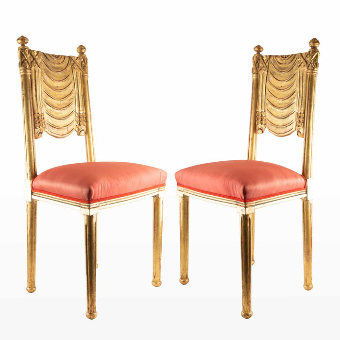 Pair of French Art Deco Gilt Chairs with Red Silk Upholstery
