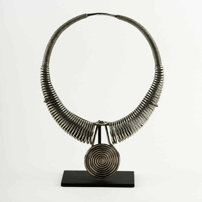 Miao Tribe Silver Necklace with Coiled Rings with Center Medallion