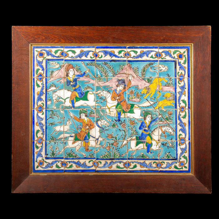 Lion Hunt: 19 Century Glazed Ceramic Panel from Qajar Iran