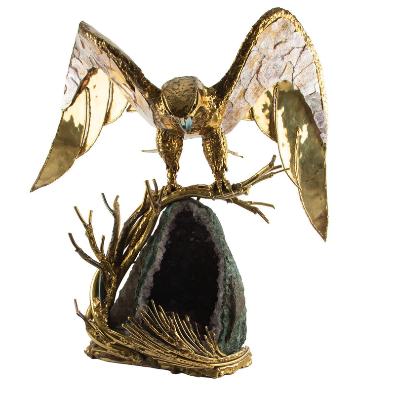 Large Sculptural Brass Eagle Lamp with Amethyst Geode, 1970's