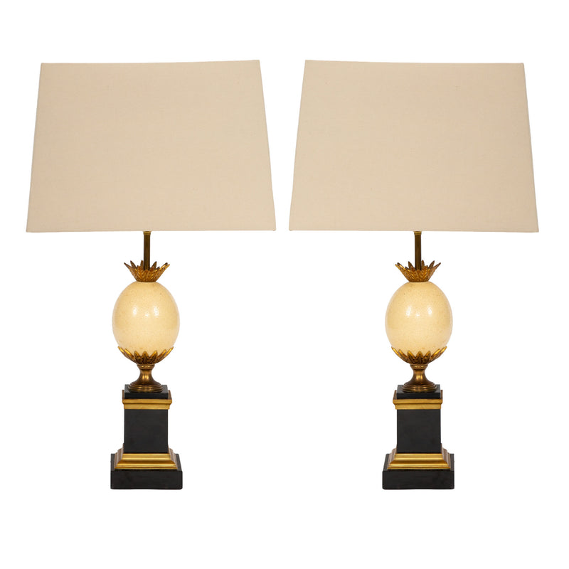 Maison Charles–Attributed Pair of Gilt Metal and Ostrich Egg Table Lamps