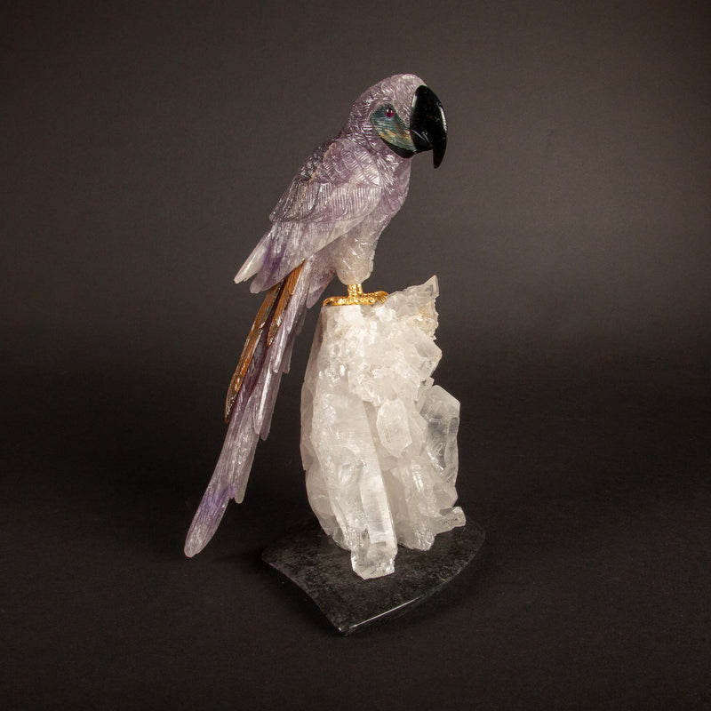 Carved Amethyst Parrot Mounted on an Rock Crystal Cluster 10.5"H