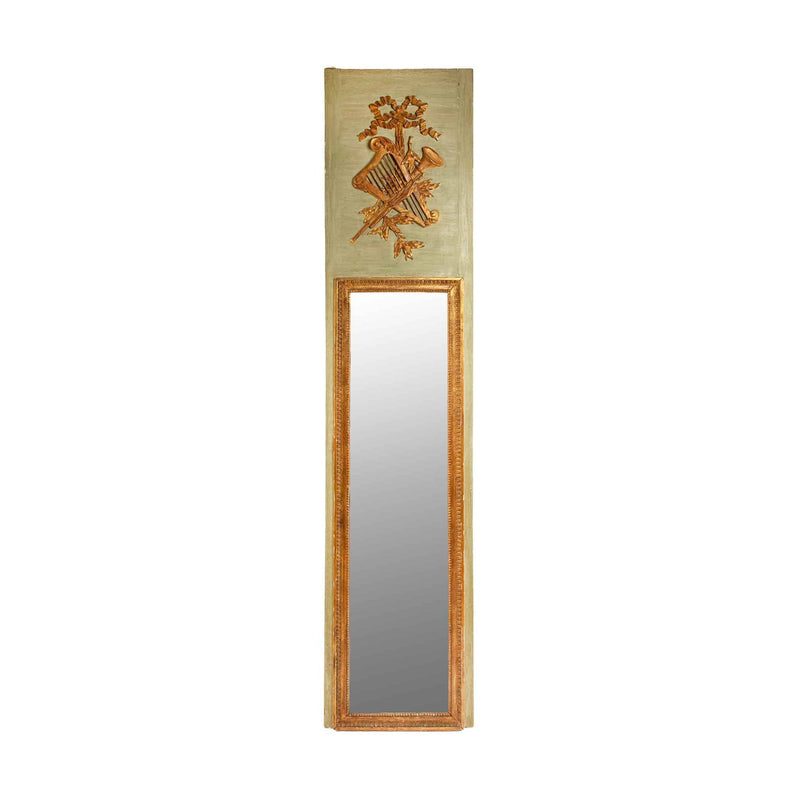 Antique French Trumeau Mirror, Early 20th C, Green-Painted with Giltwood Trophy