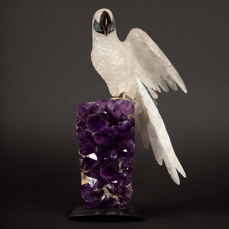 Carved Rock Crystal Parrot Mounted on an Amethyst Cluster 13"H