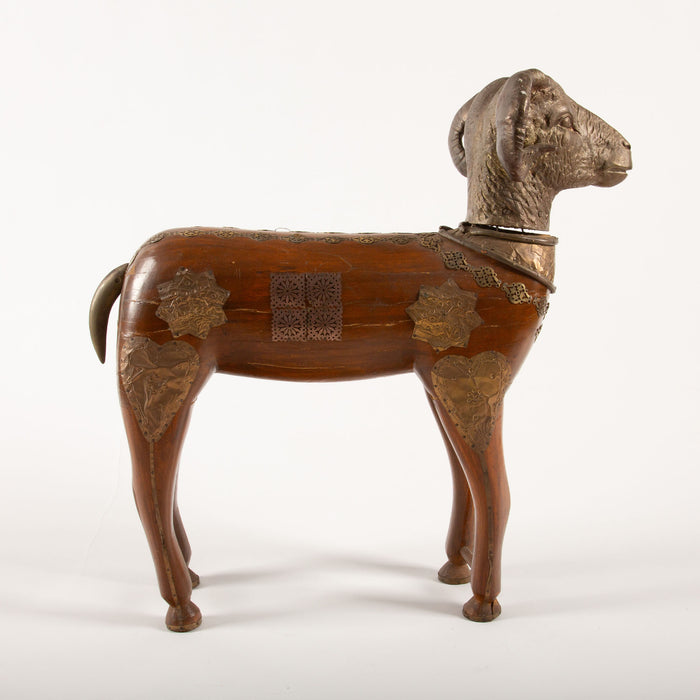 Majestic Indian Brass-Mounted Wooden Ram Sculpture