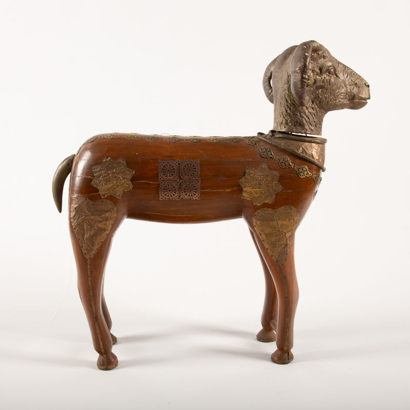 Majestic Indian Brass-Mounted Wooden Ram Sculpture