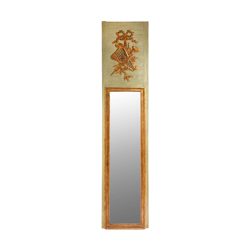 Antique French Trumeau Mirror, Early 20th C, Green-Painted with Giltwood Trophy