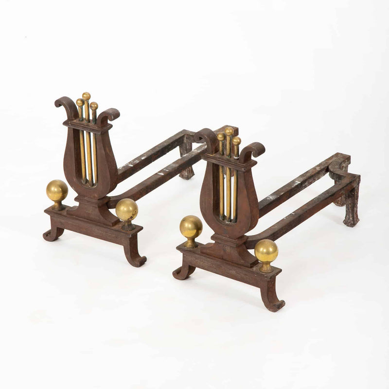 Music at the Hearth: Pair of 19th C Lyre Andirons