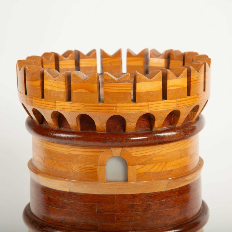 20th C Handcrafted Wooden Castle Model with Interior Illumination and Marquetry