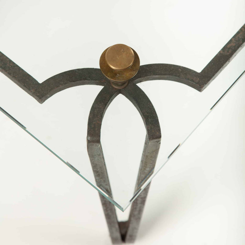 French Art Deco Wrought Iron and Glass Coffee Table with Bronze Finials 20th C.