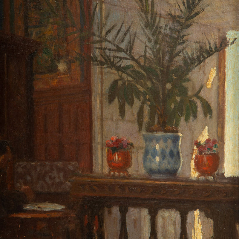 At Work: 1905 Painting of a Writer and His Dog in a Chic Salon, Signed J. Barcal