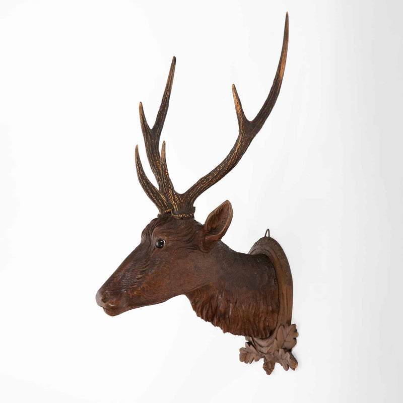 The Stag of the Black Forest: Early 19th Century Carved Deer Head w/ Real Antler