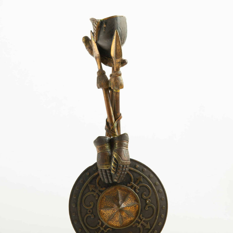 Pair of 19th-C French Bronze Tripod Candlesticks- Martial Motifs on Marble Bases