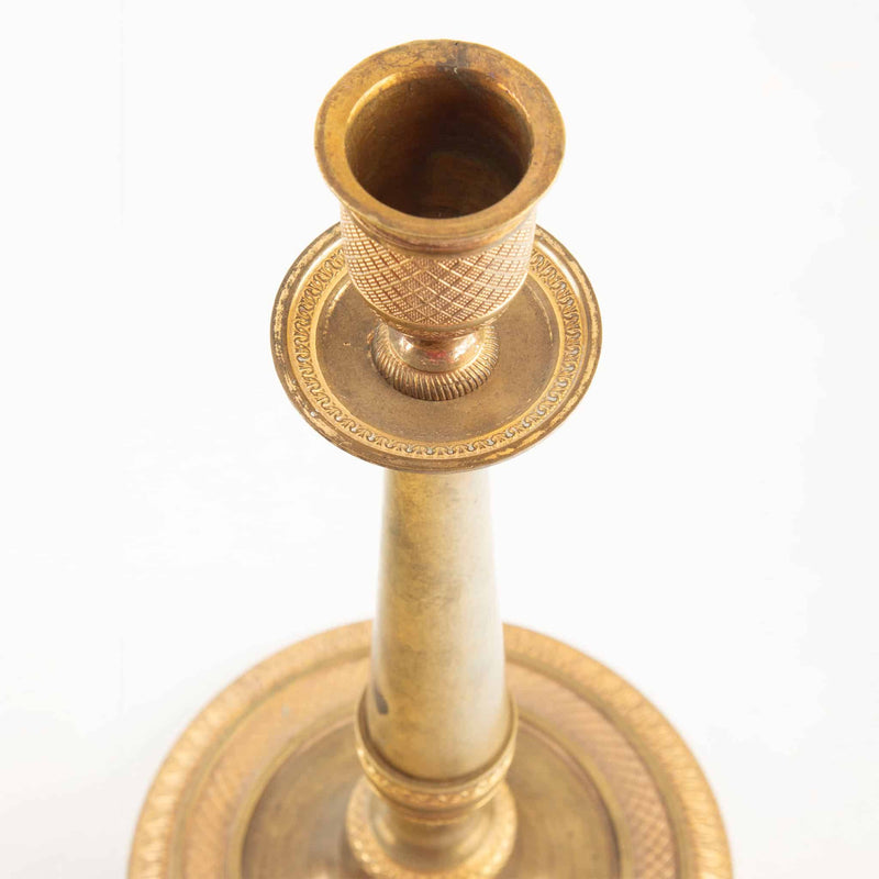 Pair of French Empire Period Gilt Bronze Candlesticks with Guilloché Decoration