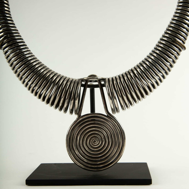 Miao Tribe Silver Necklace with Coiled Rings with Center Medallion
