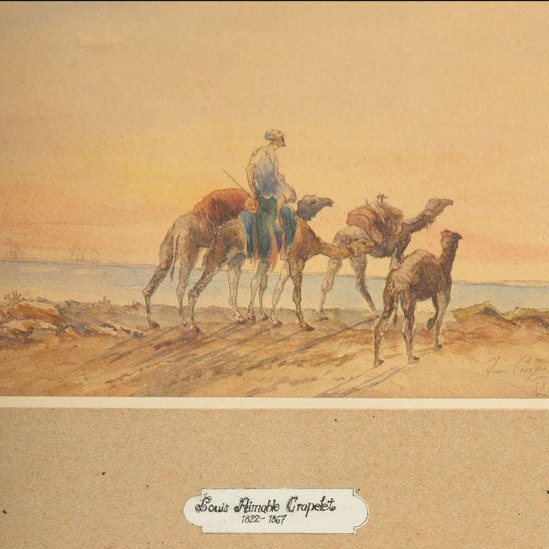19th Century Watercolor of Camels & Rider Signed & Dated, Louis Aimable Crapelet