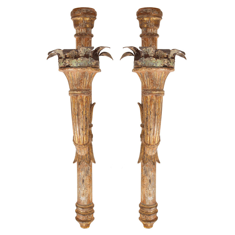 Pair of French 18th-Century Giltwood Torchères with Scrolling Arms
