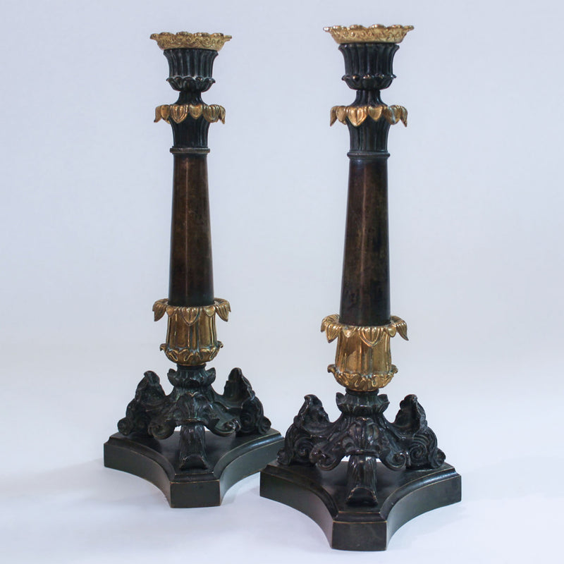 Napoleonic Elegance: A Pair of French Empire Bronze Candlesticks; 12" H