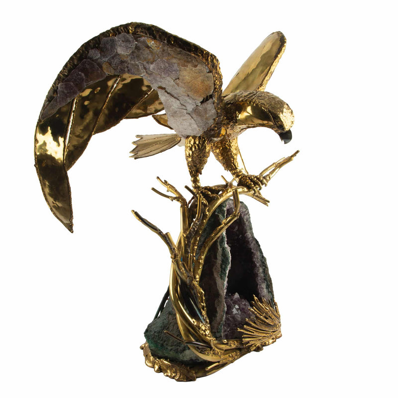 Large Sculptural Brass Eagle Lamp with Amethyst Geode, 1970's