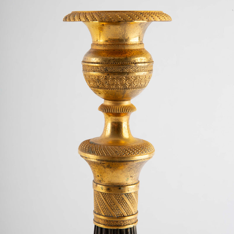 Pair of French Empire Gilt and Patinated Bronze Candlesticks, 19th C